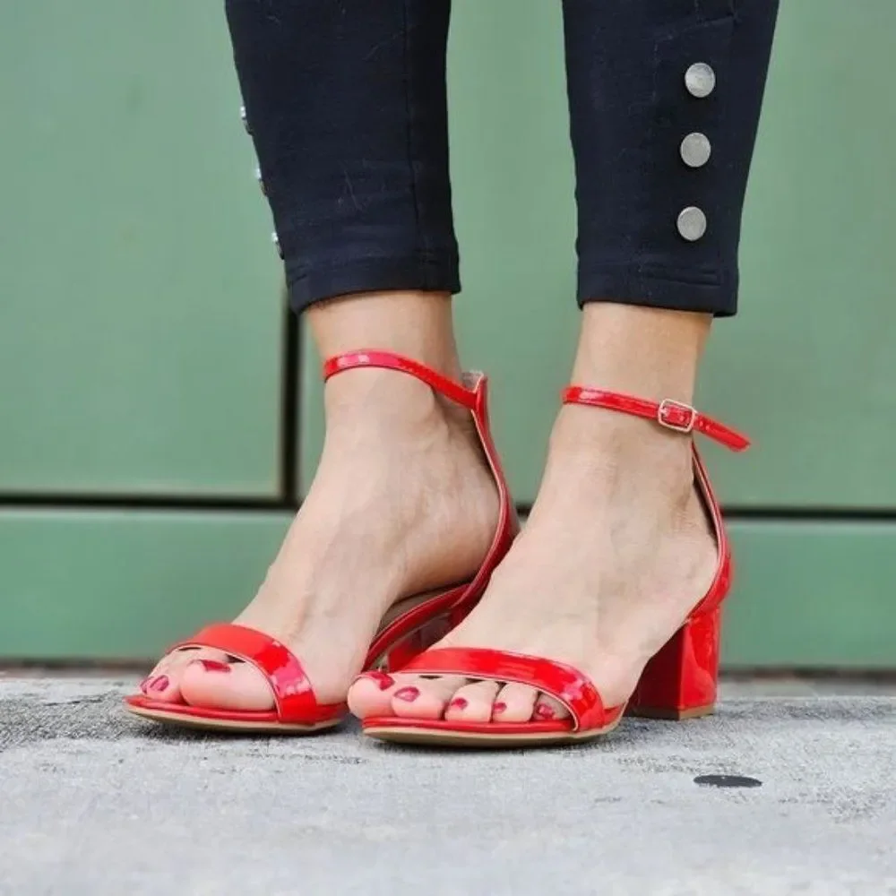 Women Ankle Straps Low Chunky Heels Sandals Red Color - Picture 1 of 5